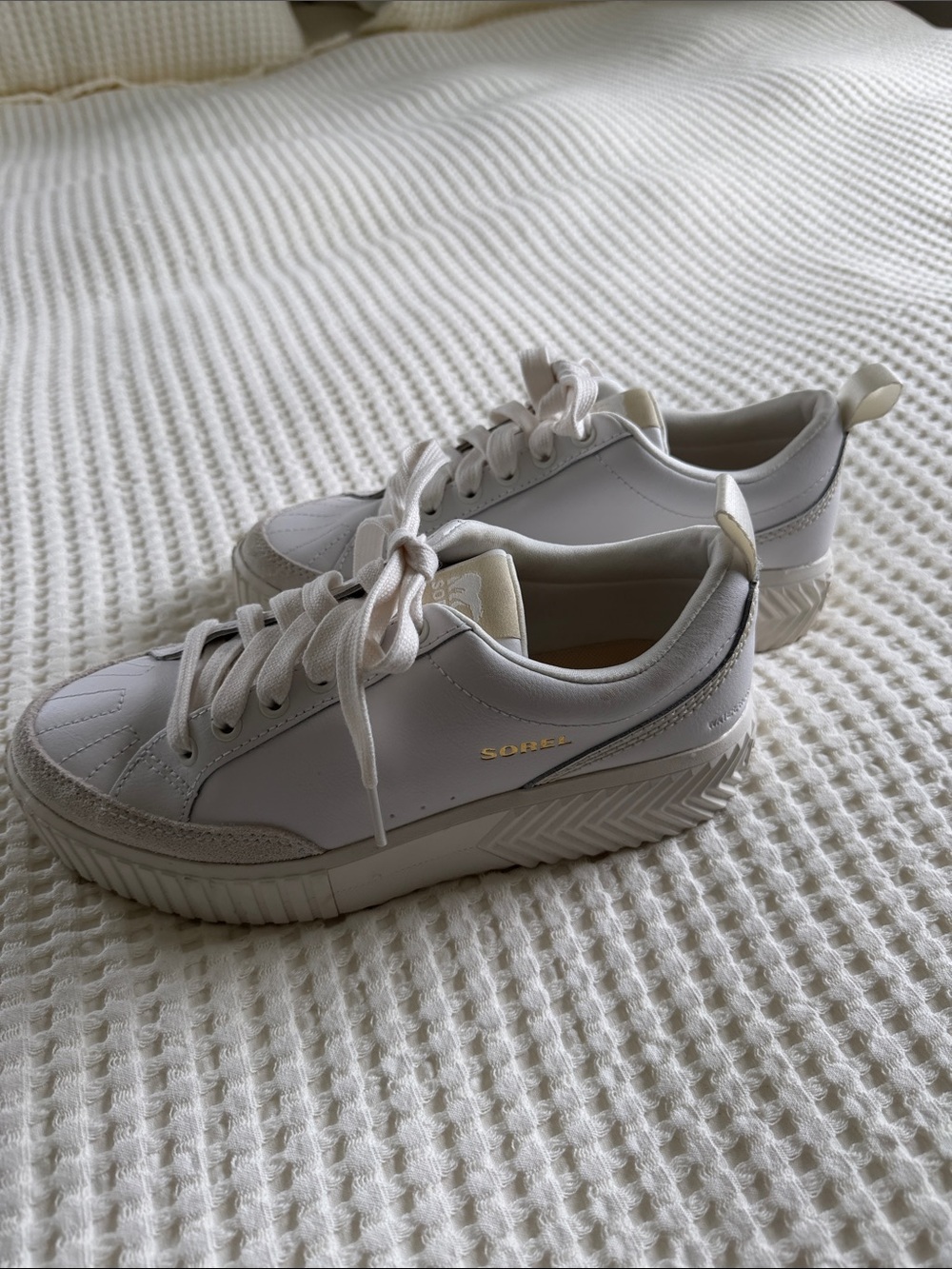 Sorel Women's White Leather Platform Sneakers with Subtle Gold Accent